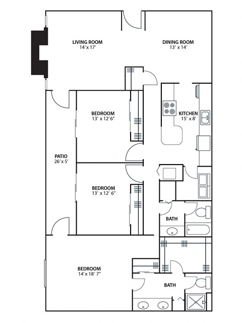 Floor plan for 3 beds, 2 baths, 1780 sqft